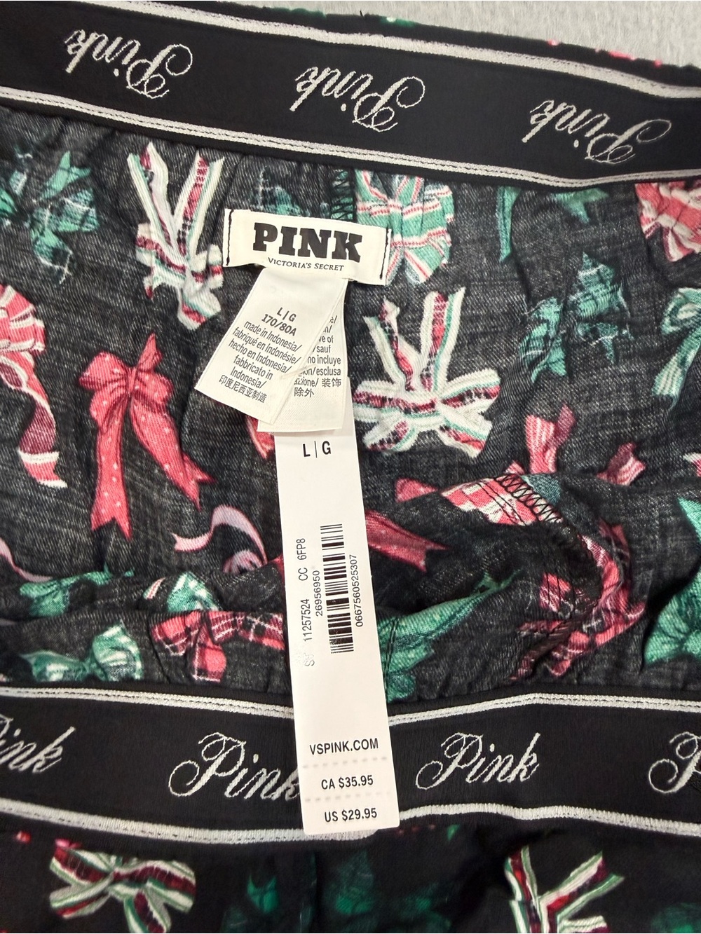 PINK Victoria's Secret Black Lounge Shorts with Red, Green & Pink Bows - Picture 2 of 4